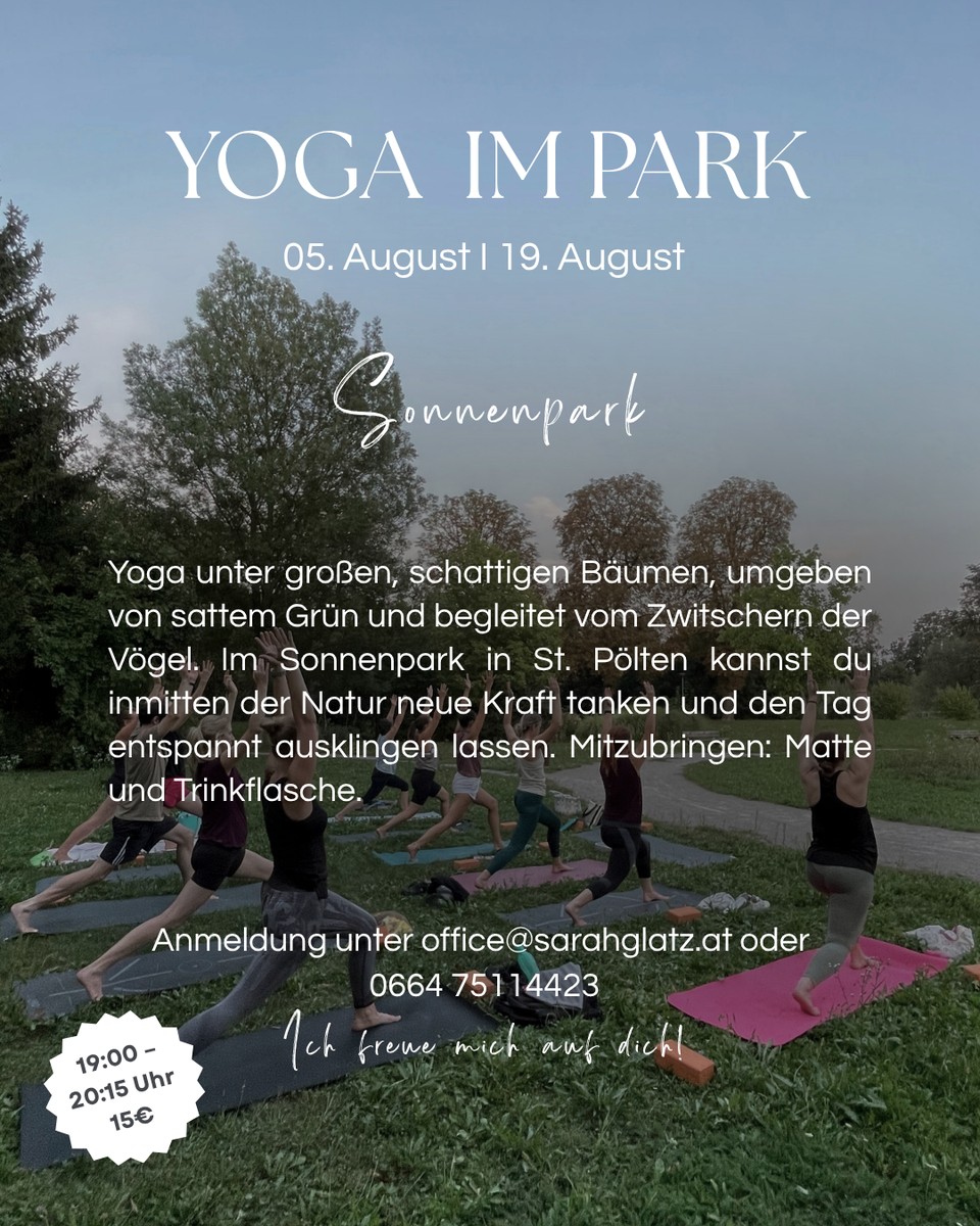 Flyer: Yoga im Park, 05./19. August, Sonnenpark St. Pölten